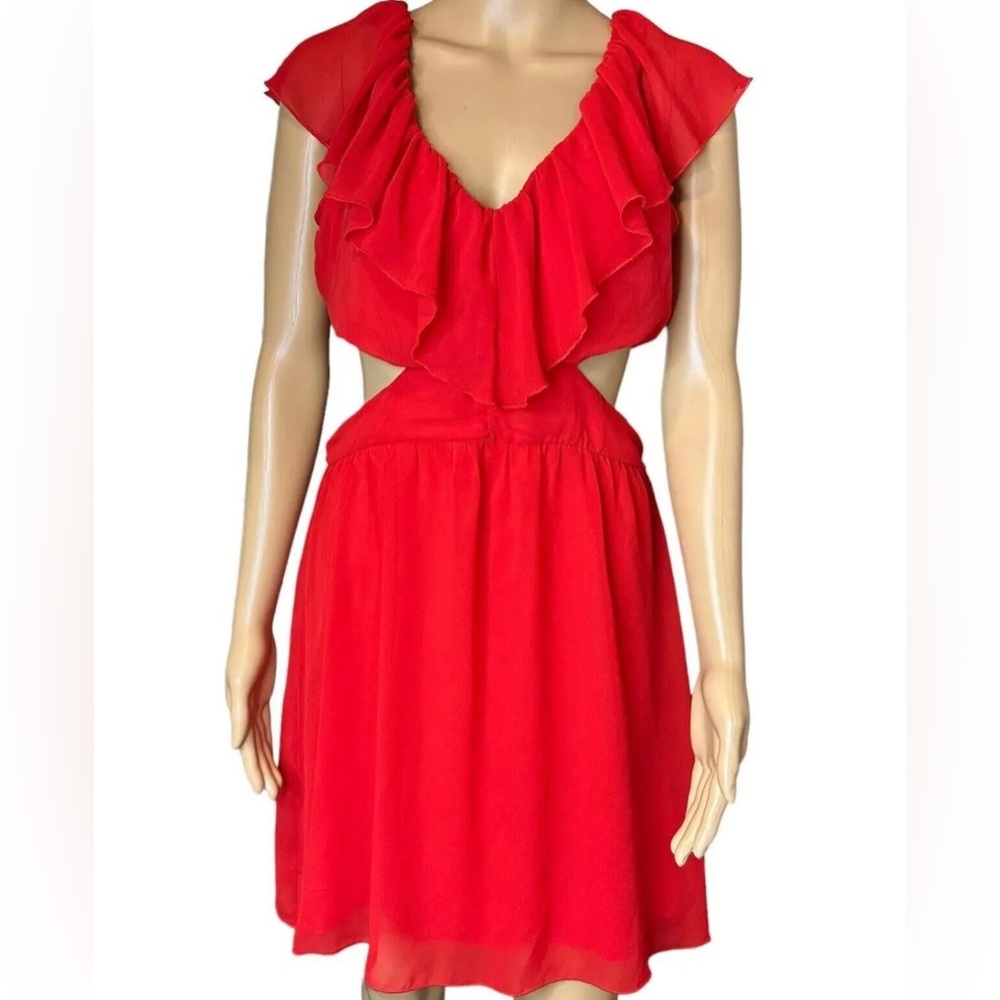 Accidentally in Love Cut Out Dress Large Red V-Neck Lined Layered Ruffle Sleeves